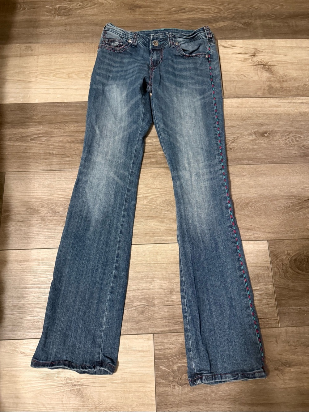 Cowgirl Tuff Blue Denim Flare Jeans with Red & Teal Side Embroidery
